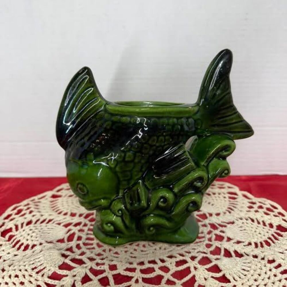 Vintage Green Ceramic Fish Planter